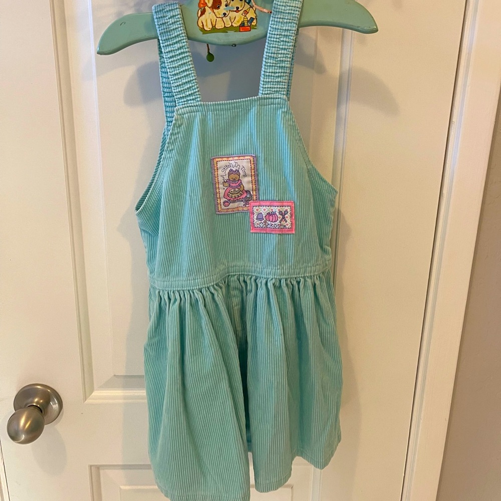 Vintage Oshkosh corduroy bear patch “a stitch in time” jumper dress